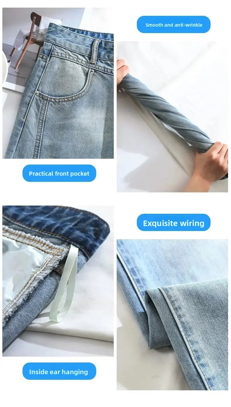 American Style High Waist Loose Women's Blue Jeans Retro Straight Leg Pants Drapey Floor-Length Trousers Versatile Wide Leg Pant