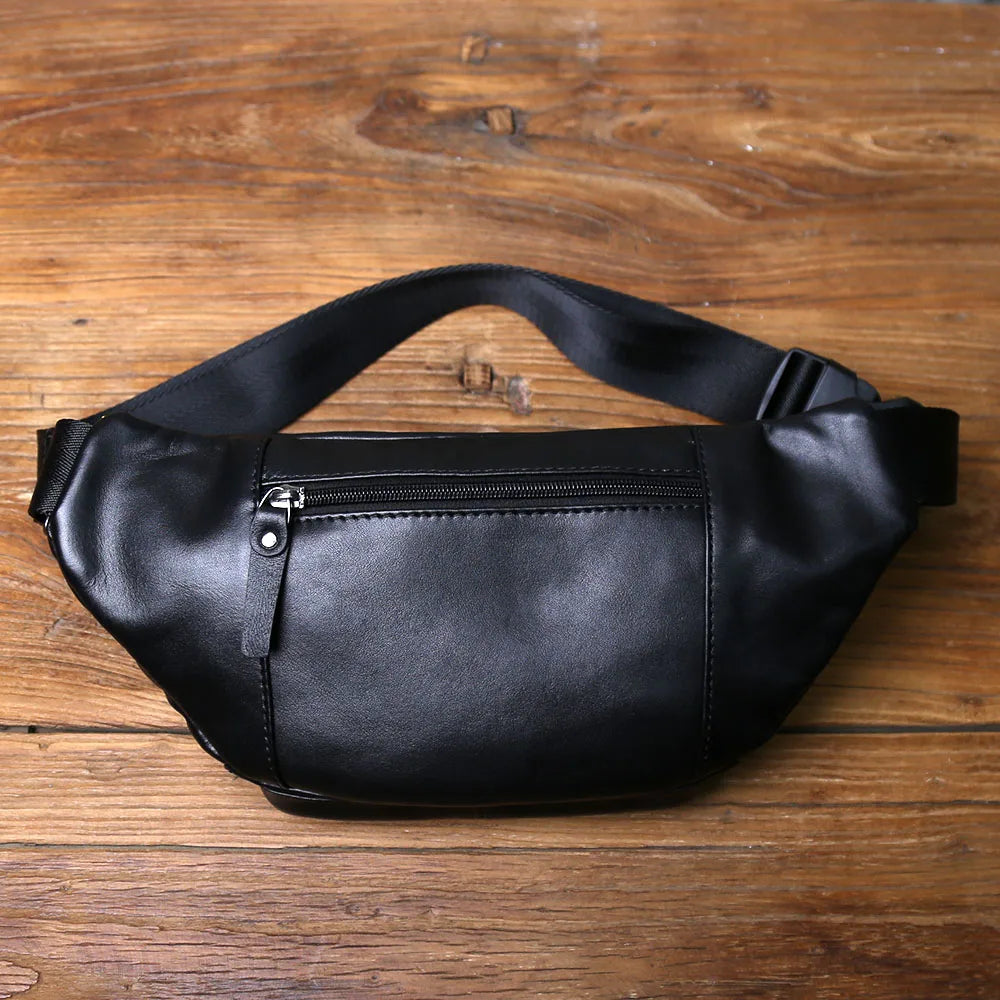 NZPJ Men's Genuine Leather Chest Bag - Top-Grain Cowhide Waist Bag / Crossbody Bag with Multiple Compartments & Phone Pocket