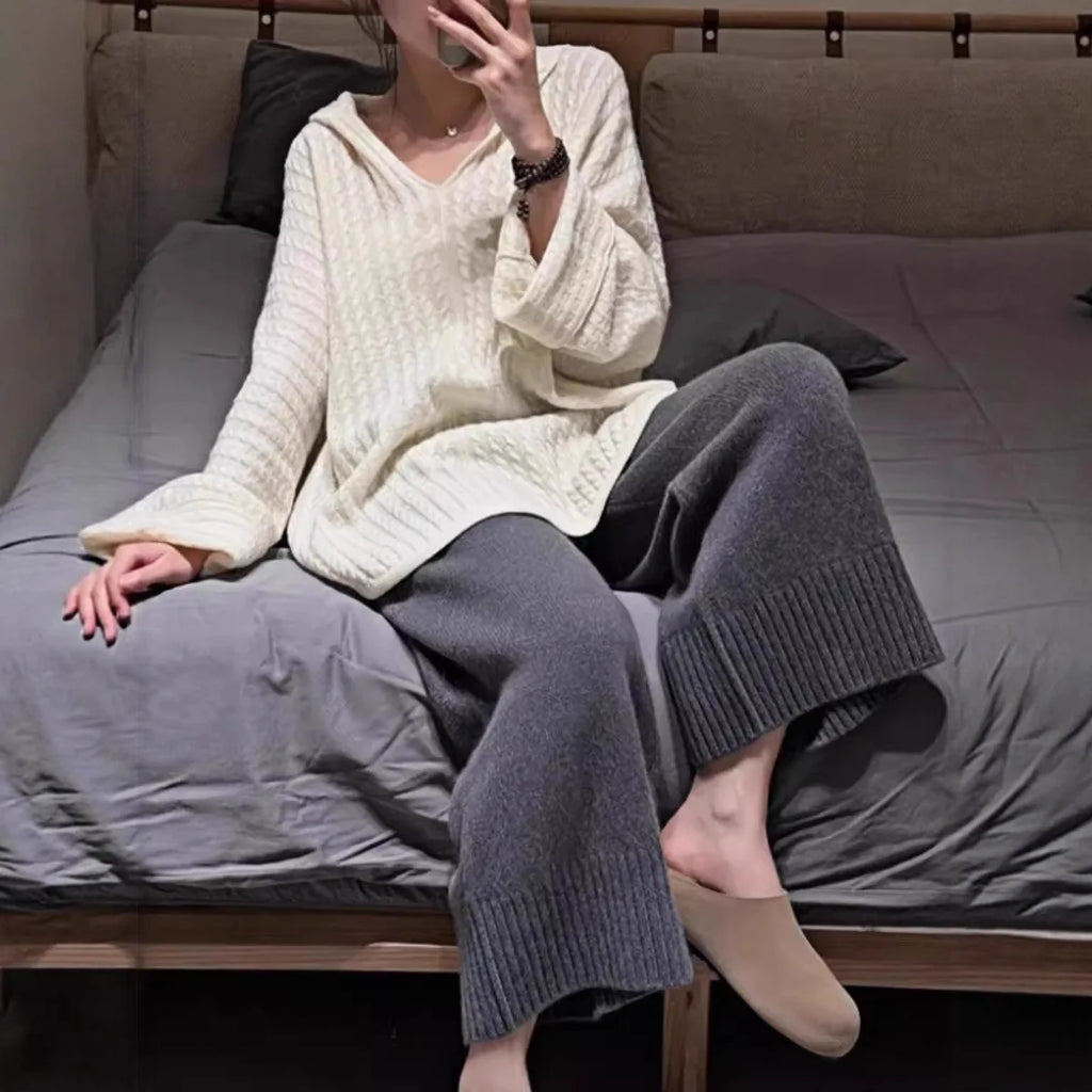 Gray Woolen Knitted Wide Leg Pants Women's Casual Straight Leg Sweatpants Small Size Comfortable Loose Fit Autumn Winter