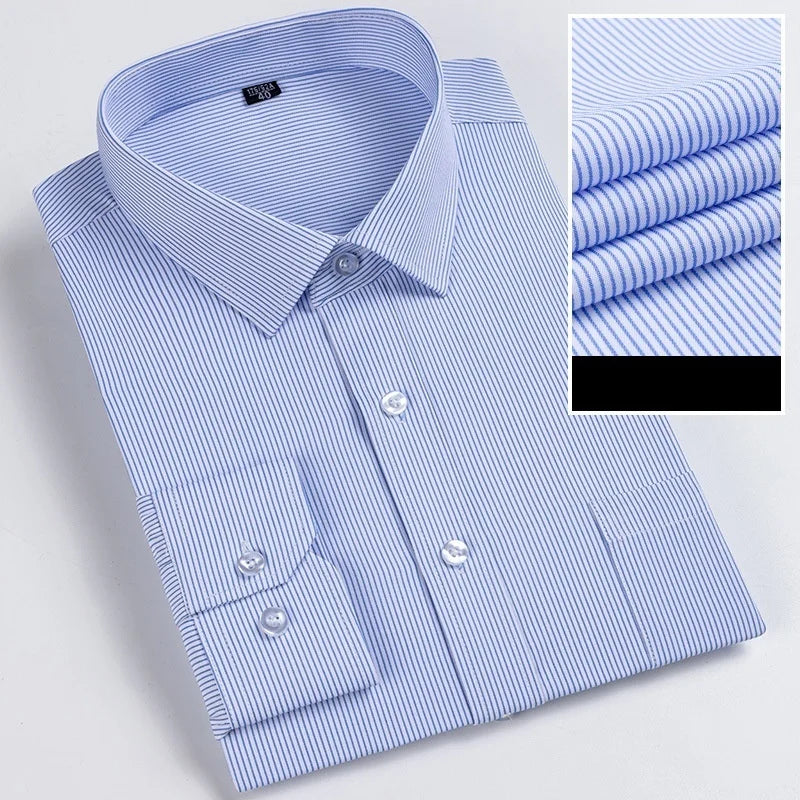 Men Formal Shirt Long Sleeve Office Solid Color Striped Fashion Business Pocket White Social Shirt Men's Clothing 5XL 6XL