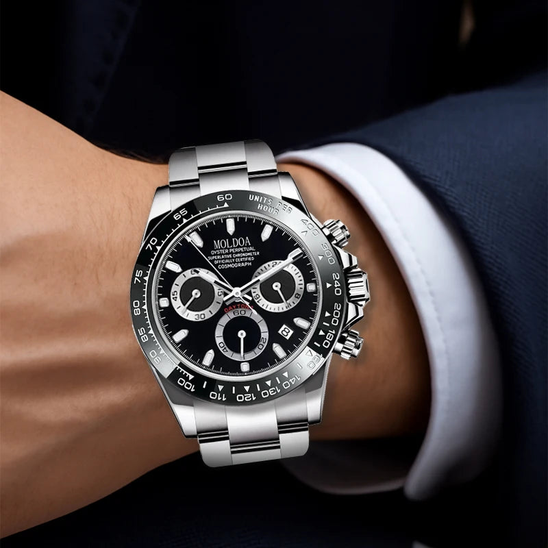 A Men's Silver Steel Strap Trendy Business Trinocular Multi-Function Graduated Quartz Watch