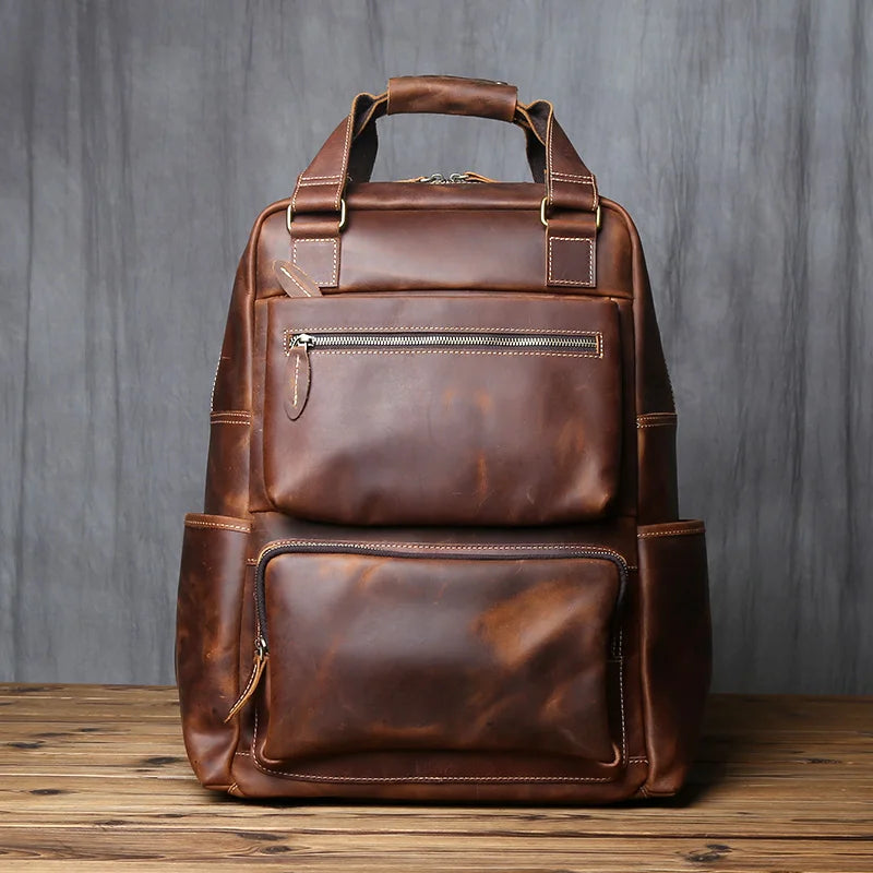 Retro Leather Men's Backpack Top Layer Leather Large Capacity Computer Backpack Crazy Horse Leather Leisure Travel  Men Bag NZPJ