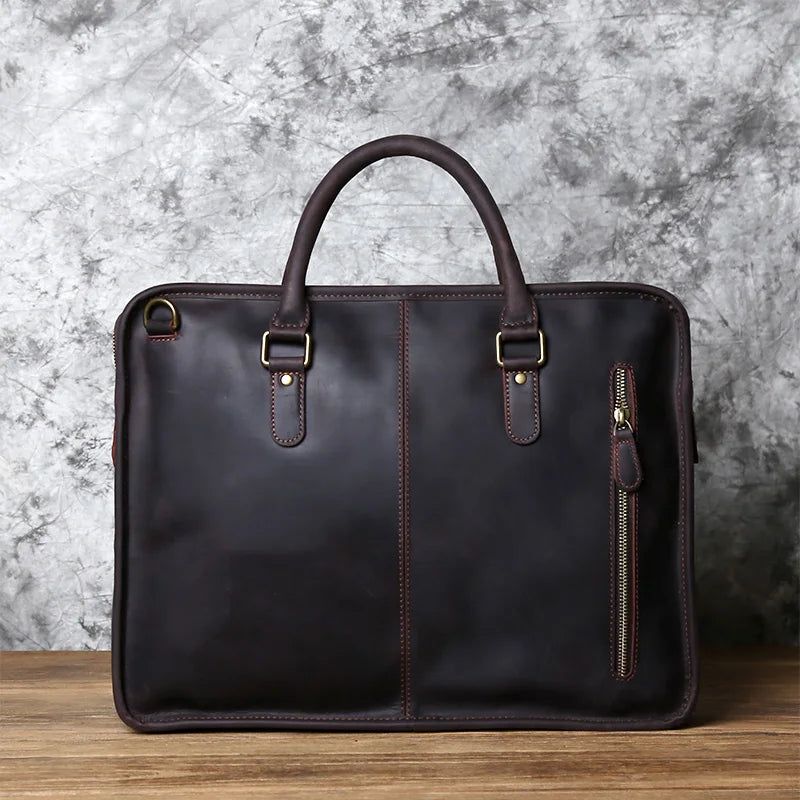 NZPJ Men's Briefcase Leather Handbag Retro Top Layer Cowhide Laptop Bag Crazy Horse Leather Shoulder Messenger Bag Luxury Bag