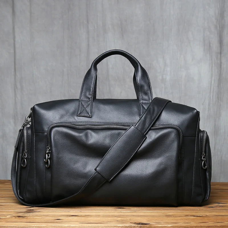 NZPJ Genuine Leather Men's Travel Bag, Casual Top Layer Cowhide Crossbody Bag, Laptop Bag, Large Capacity Luggage Bag Business