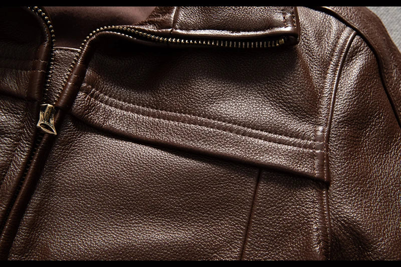 Men's Brown Leather Jacket  Vintage Flight Jacket with Stand Collar, Military Style, Front Zipper, Sleeve Pocket, Ribbed Hem