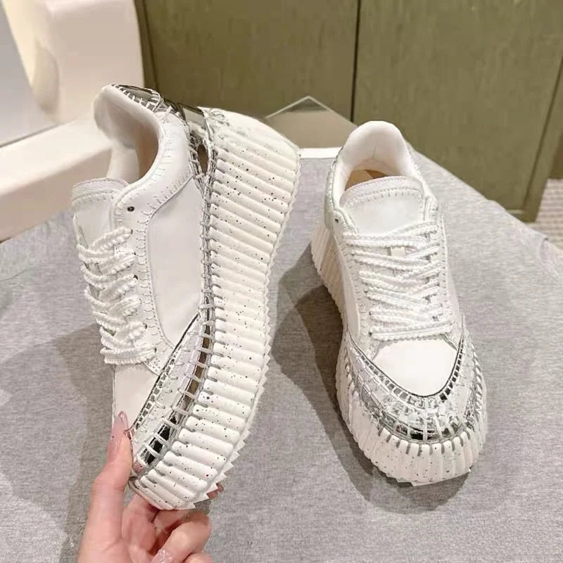 New 2025 Women's Thick Bottom Sports Shoes Sewn Casual Cowhide High Toppling Bottom Flat Shoes Comfortable Breathable Leather