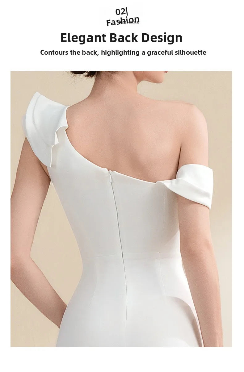 Elegant Evening Gown Slimming Fish Tail Dress Fashionable Shoulder Bared Polyester Long Sleeve High Waist Party Dress