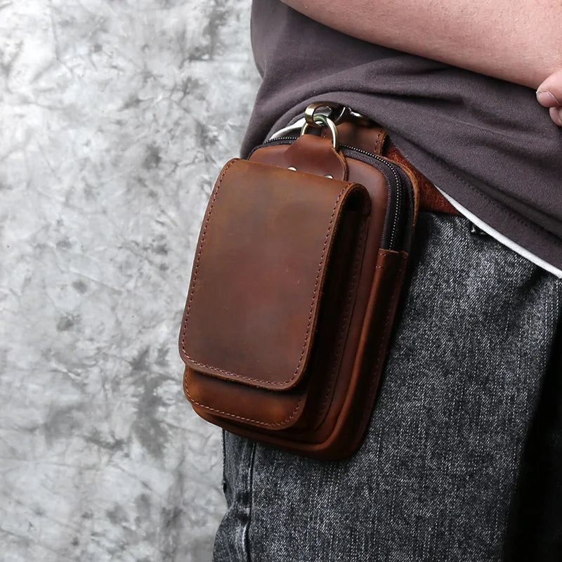 NZPJ Genuine Leather Men's Waist Bag Top Layer Cowhide Fashion Hook Bag Leisure Belt Bag Cigarette Box 6.5-inch Mobile Phone Bag