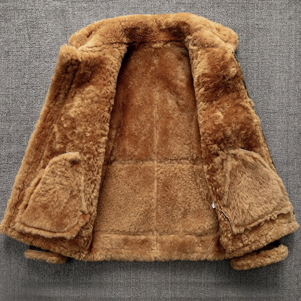 Brown Winter Shearling Jacket Men Retro Style Plus Size 5XL Genuine Natural Sheepskin Turn-Down Collar Thick Warm B3 Flight Coat