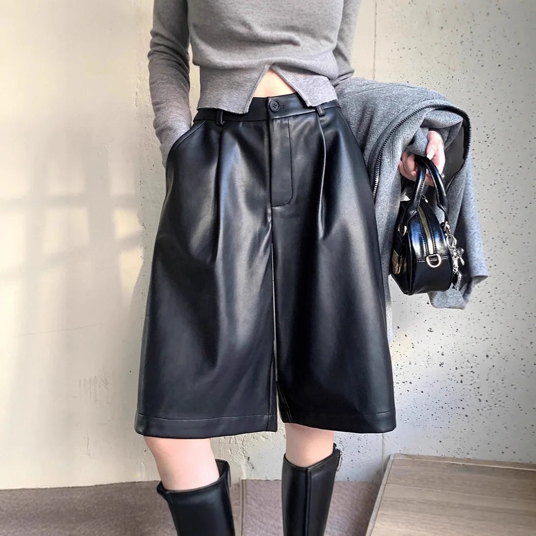 High Waist Loose Casual PU Leather Short Boot Pants Women's Autumn Winter A-Line Five-Quarter Pants Small Size Wide Leg Pants