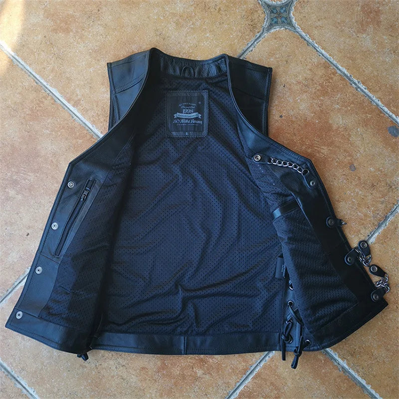 Black Spring Leather Vest Men Sports Style Plus Size 4XL Genuine Natural Cowhide Single Breasted Short Vest