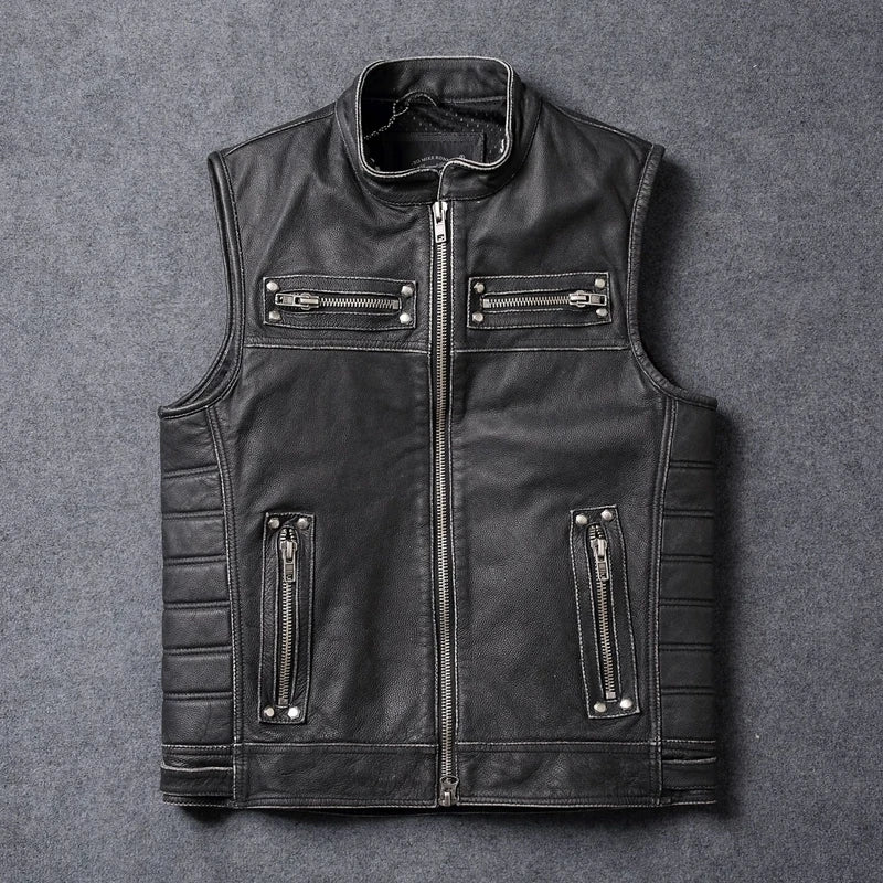 Black Four Seasons Leather Vest Men Vintage Style Plus Size 4XL Genuine Natural Cowhide Stand Collar Rivets Vest