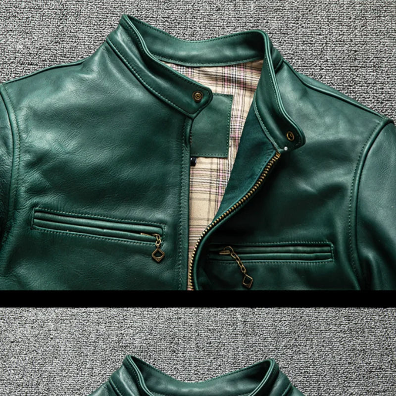 Green Winter Leather Jacket Men Vintage Style Plus Size 5XL Genuine Natural Thick Horsehide Stand Collar Slim Fit Leather Coat