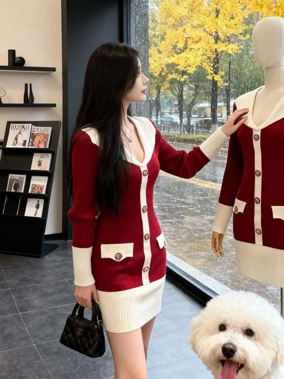 Elegant Knitted Wrap Dress Hepburn Style High Collar Button Slim Fit mid Length Polyester Fabric Commute Style Long Sleeve