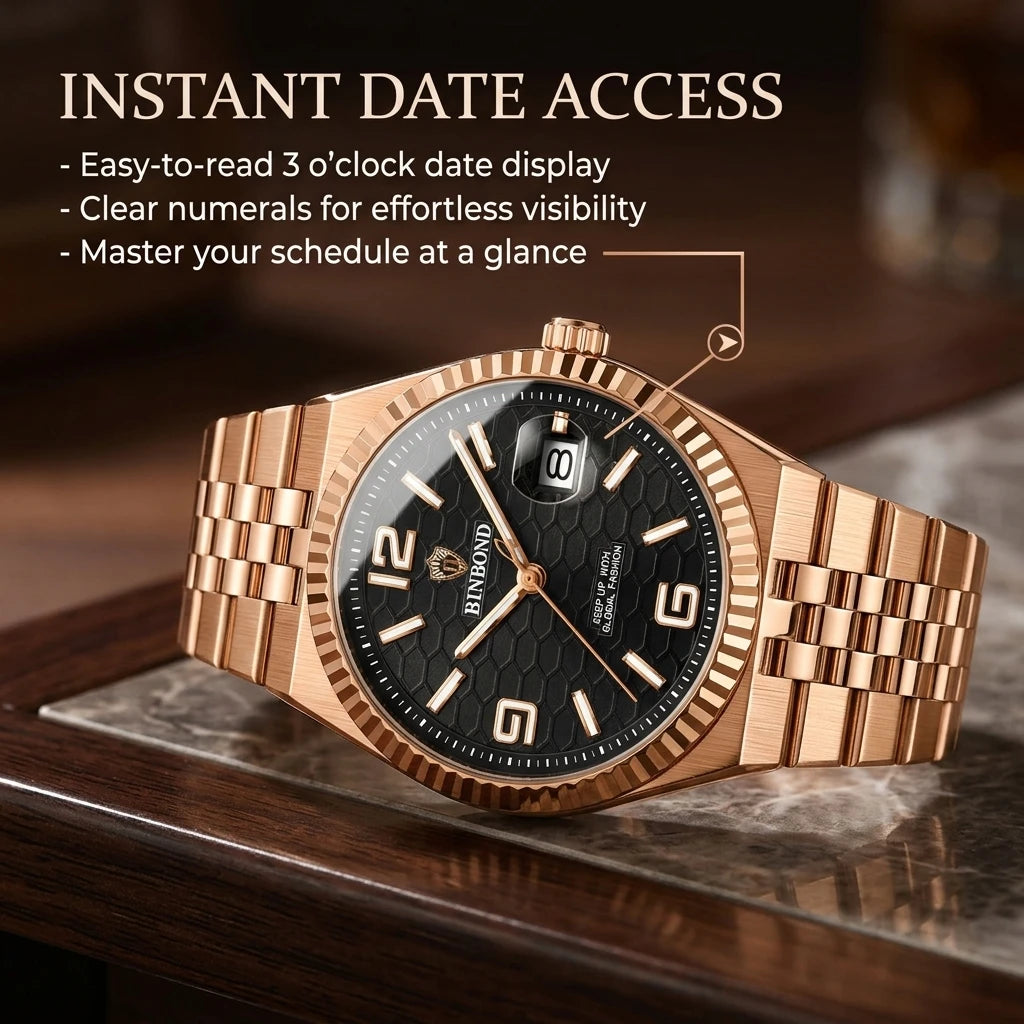 4pcs Men's Rose Gold & Black Metal Strap Luxury Honeycomb Dial Fluted Bezel Sunglasses & Perfume Quartz Watch Gift Set Birthday