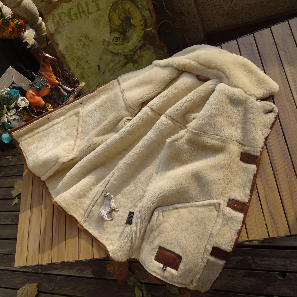 Light Brown Winter Shearling Jacket Men Casual Style Plus Size 4XL Genuine Natural Thick Sheepskin Warm Single Breasted Coat