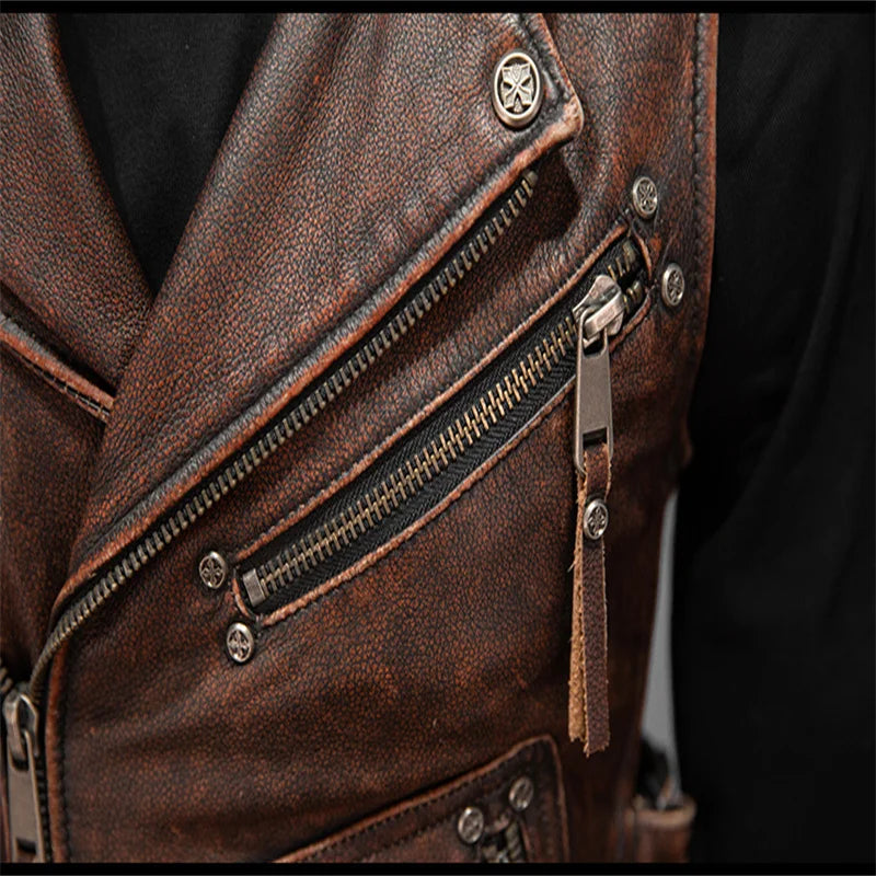 Men Red Brown Leather Biker Vest Vintage Distressed Asymmetrical Zip Sleeveless Jacket Punk Rock Studded Multi-Pocket Waistcoat