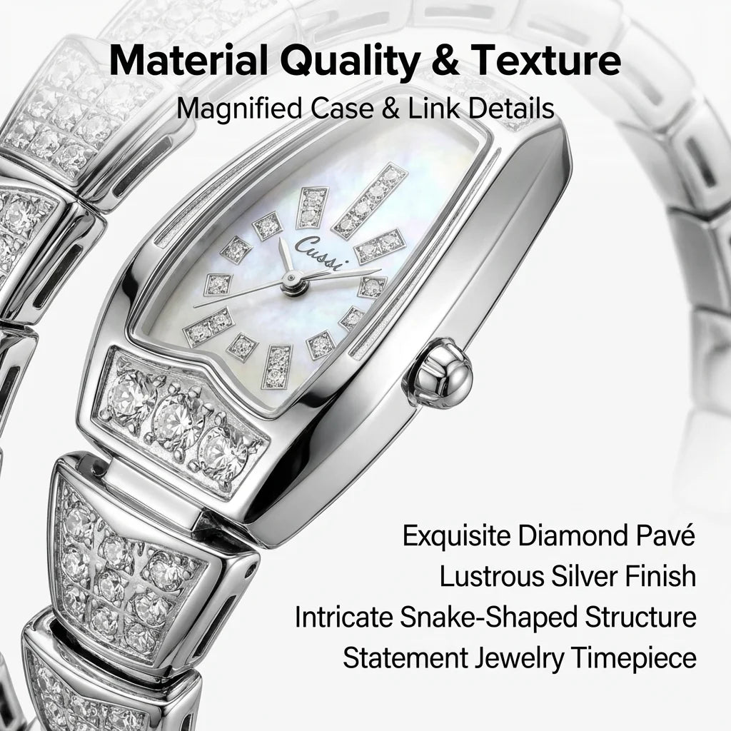 4pc Women's Silver & Mother-of-Pearl Stainless Steel Elegant Luxury Crystal-Embedded Quartz Watch Gift Set, Birthday