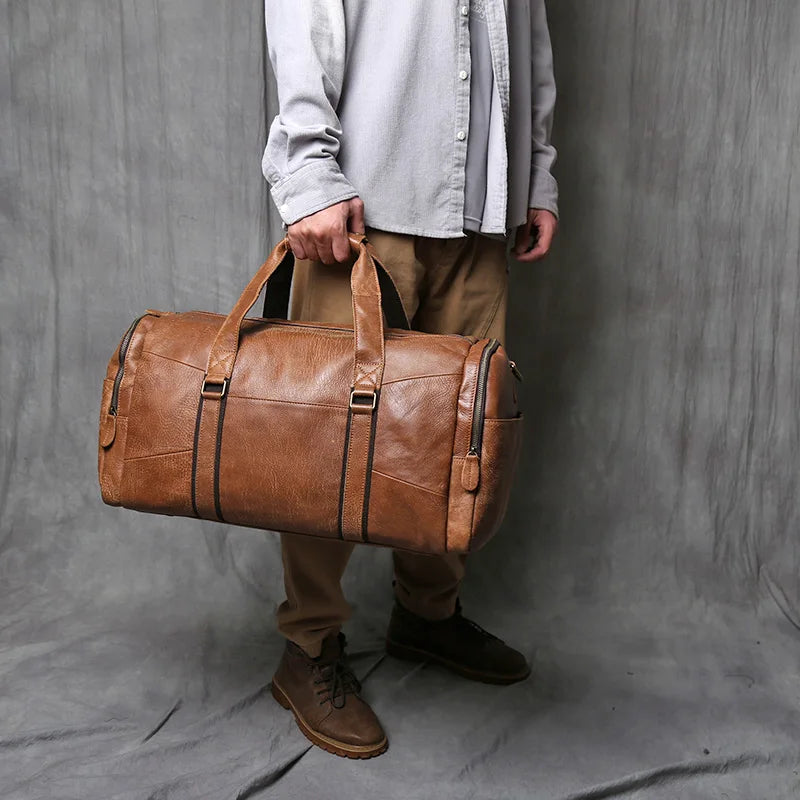 NZPJ Leather Retro Men's Travel Bag Shoulder Messenger Casual Backpack Top Layer Cowhide Large Capacity Luggage Bag Handbag