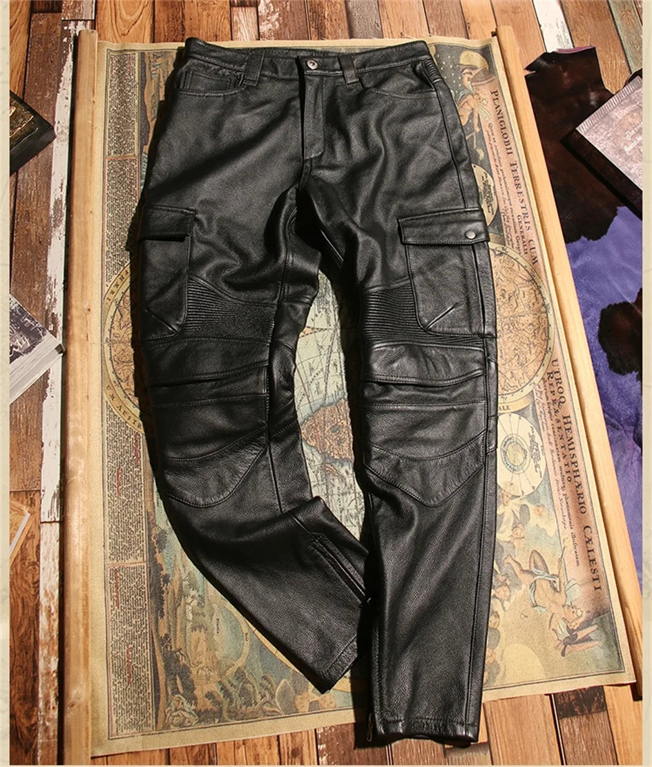 Retro Black Winter Leather Trousers Men Vintage Style Genuine Natural Cowhide Can Add Motorcycle Protection Device Leather Pants