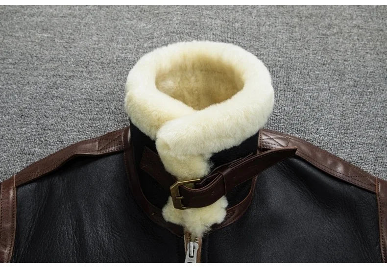 Men's Genuine Sheepskin Shearling Jacket A2 Flight Style Black Brown Fur Collar Winter Bomber Pilot Coat Thick Warm Jacket