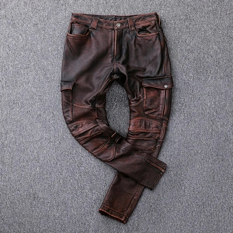 Black Winter Leather Trousers Men Vintage Style Plus Size 4XL Real Natural Thick Cowhide Add Protection Device Motorcycle Pants