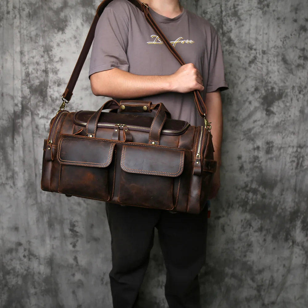 NZPJ Retro Men's Genuine Leather Travel Bag Crazy Horse Leather Large Capacity  Crossbody  Top-Grain Leather Handbag