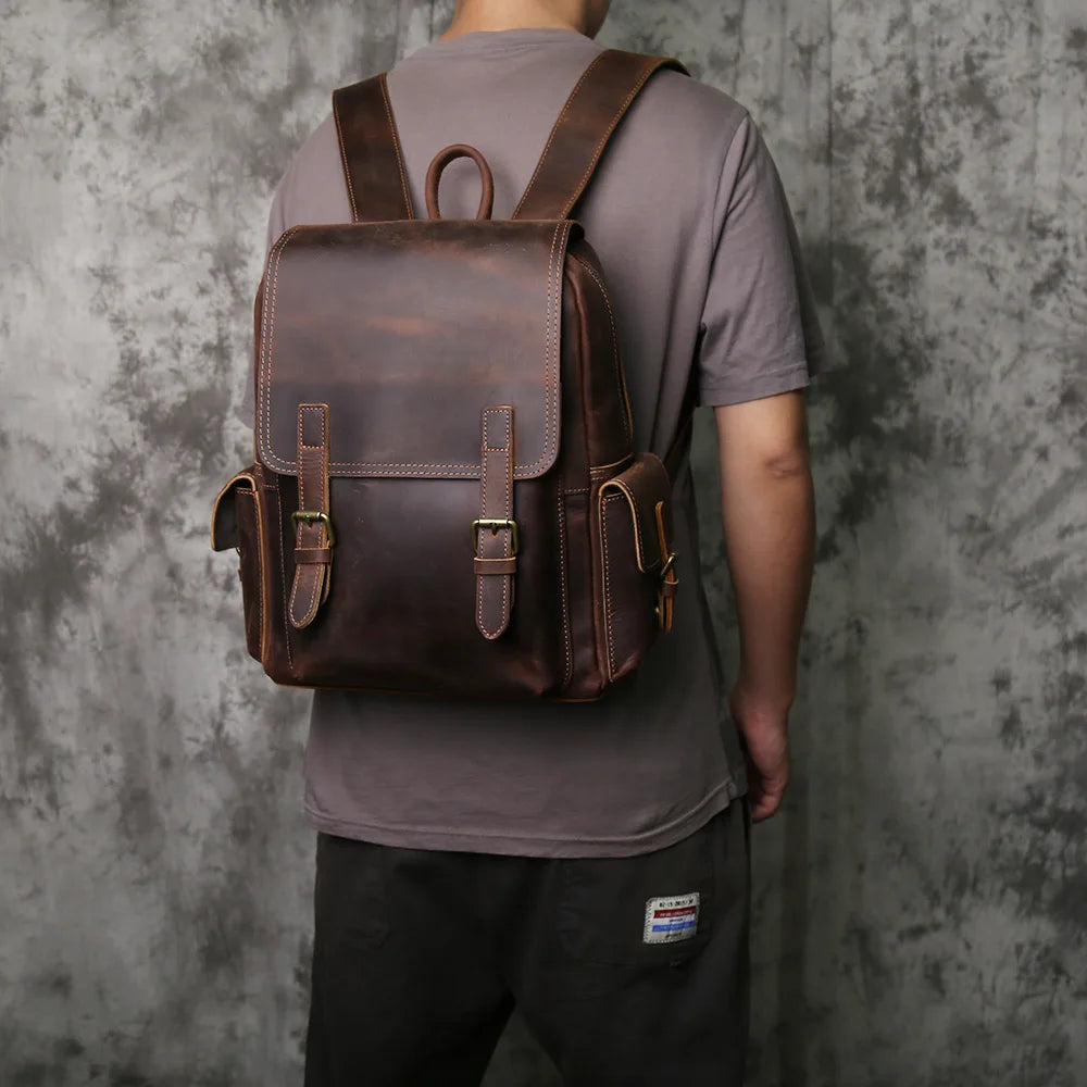NZPJ Vintage Genuine Leather Men Backpack Large Capacity Top-Grain Cowhide Backpack Casual Trendy Crazy Horse Leather Laptop Bag