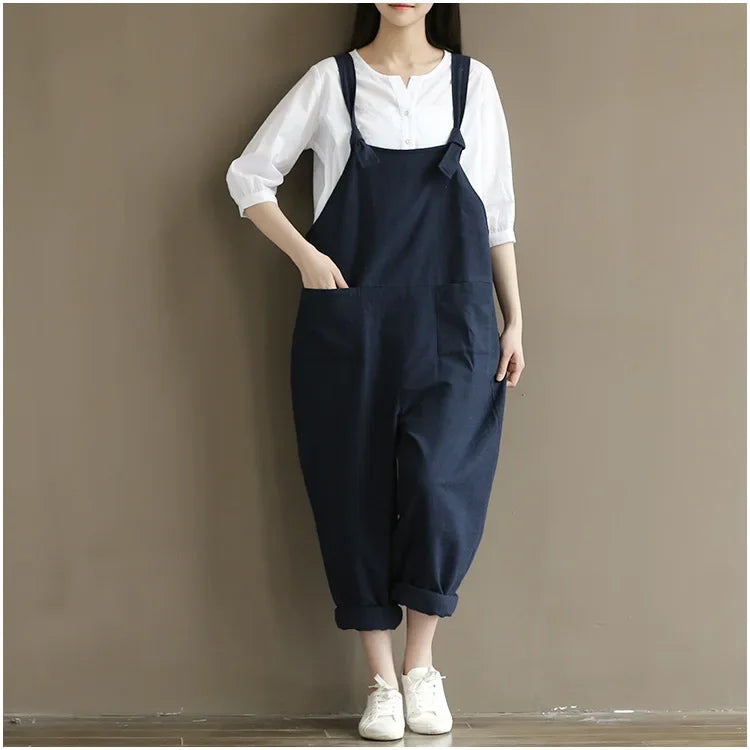 Artistic Vintage Deep Blues Cotton Strap Casual Trousers Women's 1701 European American Style