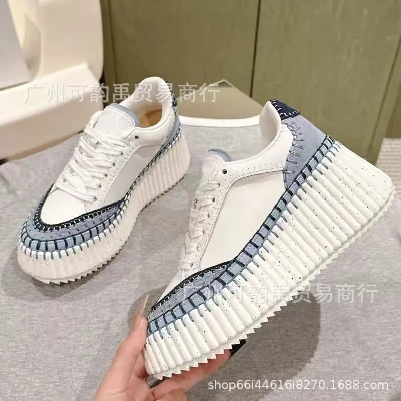 New 2025 Women's Thick Bottom Sports Shoes Sewn Casual Cowhide High Toppling Bottom Flat Shoes Comfortable Breathable Leather
