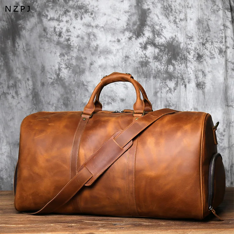 NZPJ Retro Crazy Horse Leather Men's Large-Capacity Travel Bag Leather Luggage Bag Top Layer Cowhide Handbag Shoulder Bag
