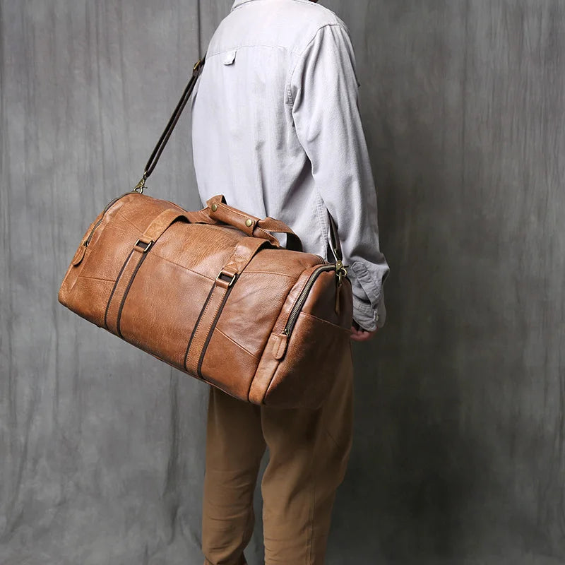 NZPJ Leather Retro Men's Travel Bag Shoulder Messenger Casual Backpack Top Layer Cowhide Large Capacity Luggage Bag Handbag
