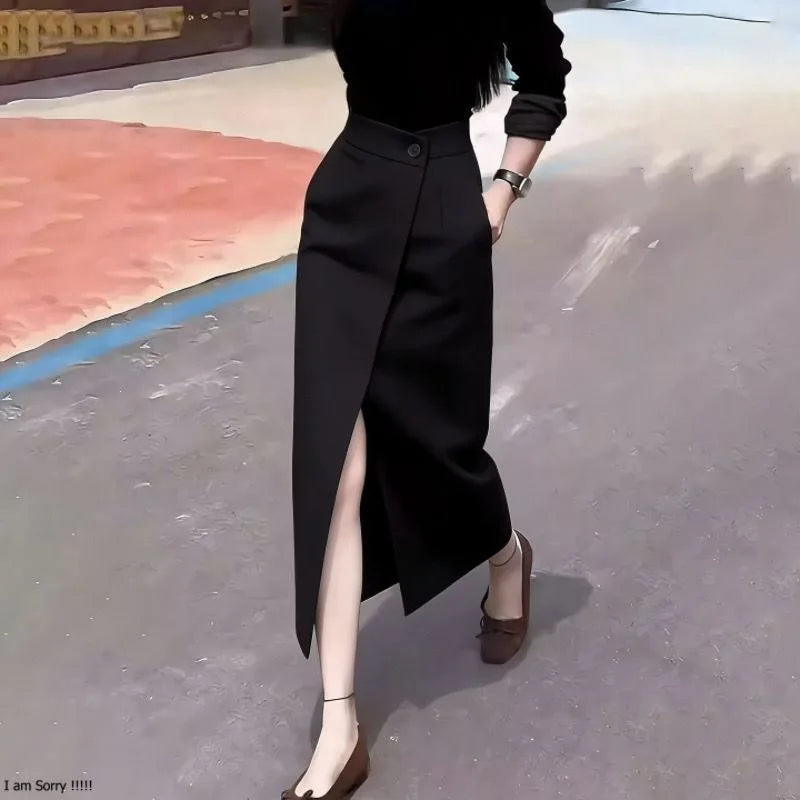 Black Asymmetric Suit Skirt Women's Spring Summer New High Waist Slimming Fashionable Midi Skirt New Arrival Casual Elegant
