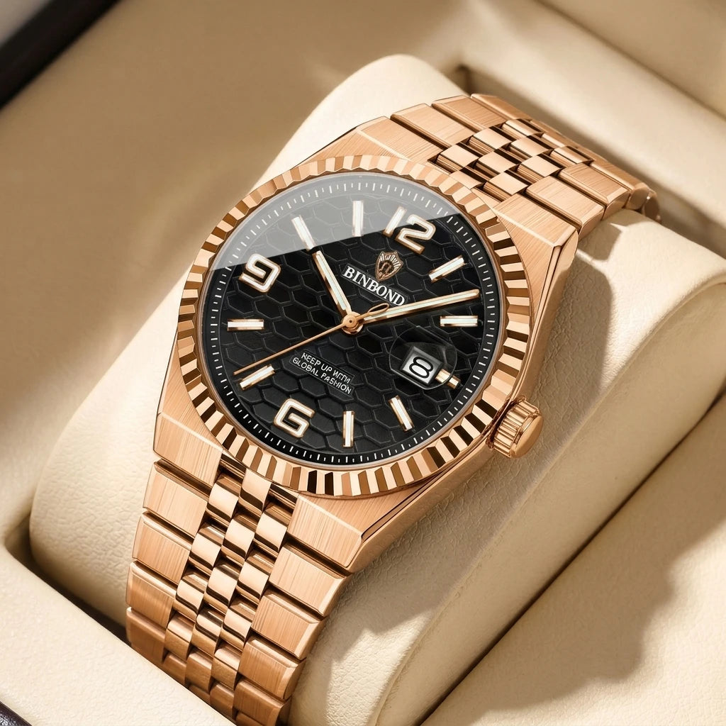 4pcs Men's Rose Gold & Black Metal Strap Luxury Honeycomb Dial Fluted Bezel Sunglasses & Perfume Quartz Watch Gift Set Birthday