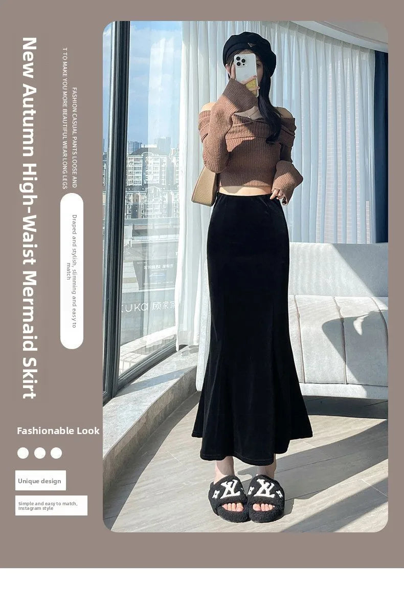 Elegant Long Velvet Skirt Women's High Waist Slim Fit Fish Tail Hem Draping Slimming Full Length Half Body Skirt