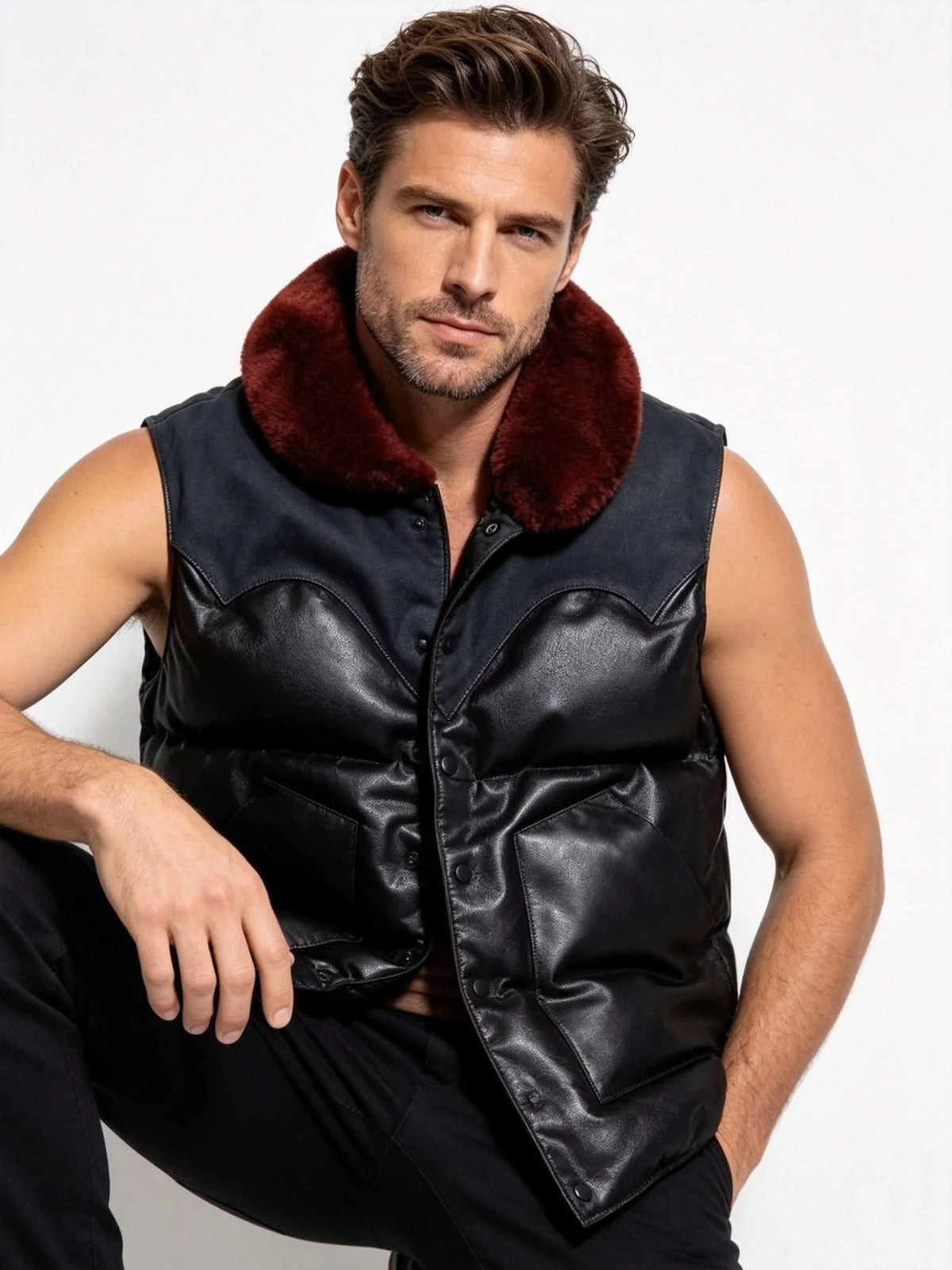 Black Blue Winter Vest Men Retro Style Plus Size 5XL Genuine Natural Sheepskin Wool Collar Single Breasted Spliced Down Vest