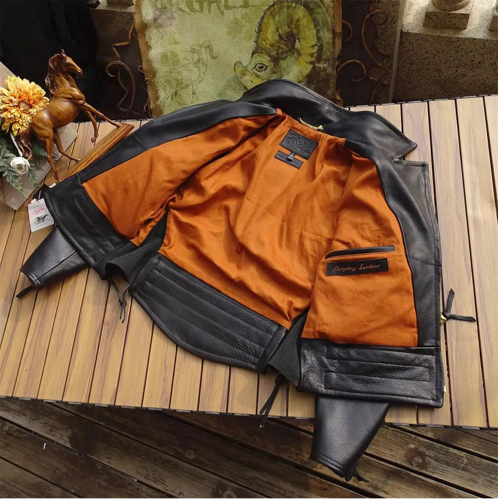 Black Winter Leather Jacket Men Sports Style Plus Size 5XL Genuine Natural Thick Cowhide Turn-Down Collar Mounted Police Coat