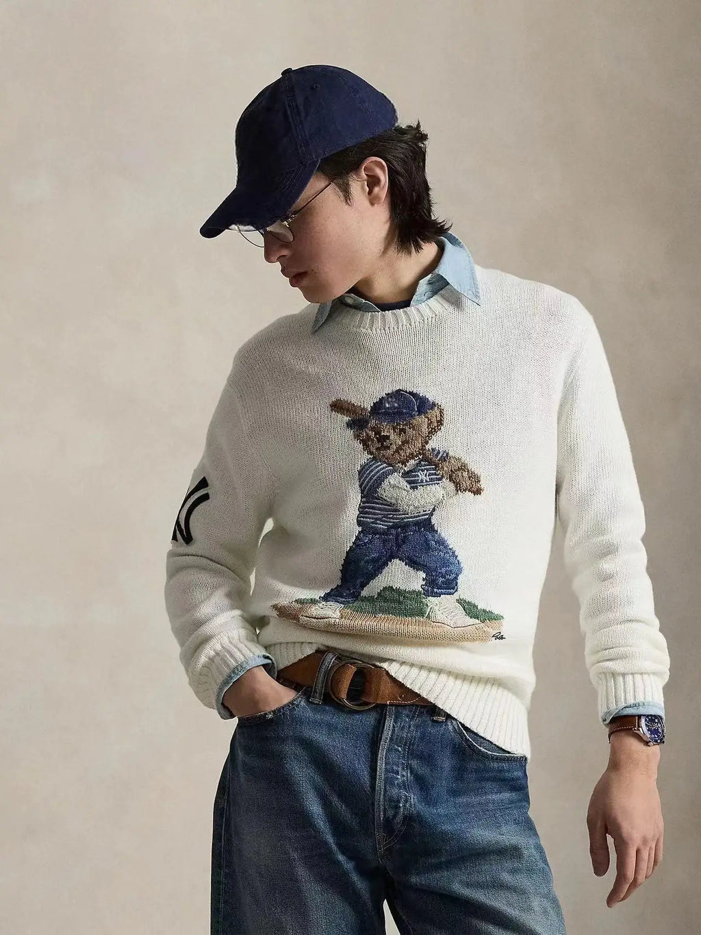 Yankees Baseball Bear Sweater Thick Knitted Cotton Linen Blend Long Sleeve round Neck Embroidered 3D Cartoon Casual Style