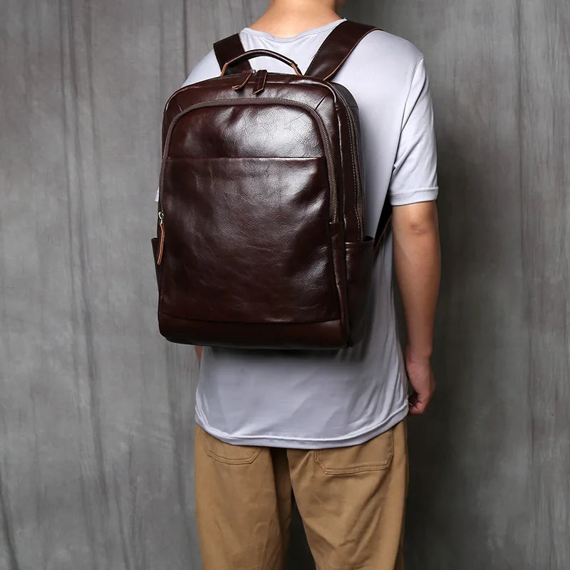 NZPJ Retro Genuine Leather Men's Backpack Fashion Backpack Top Layer Cowhide Computer Backpack Large Capacity Travel Bag