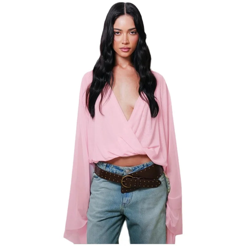 Elegant Pure Color V-Neck Mesh Splice Bell Sleeve Crop Top Women's Fashion Street Style Polyester Long Sleeve T-Shirt