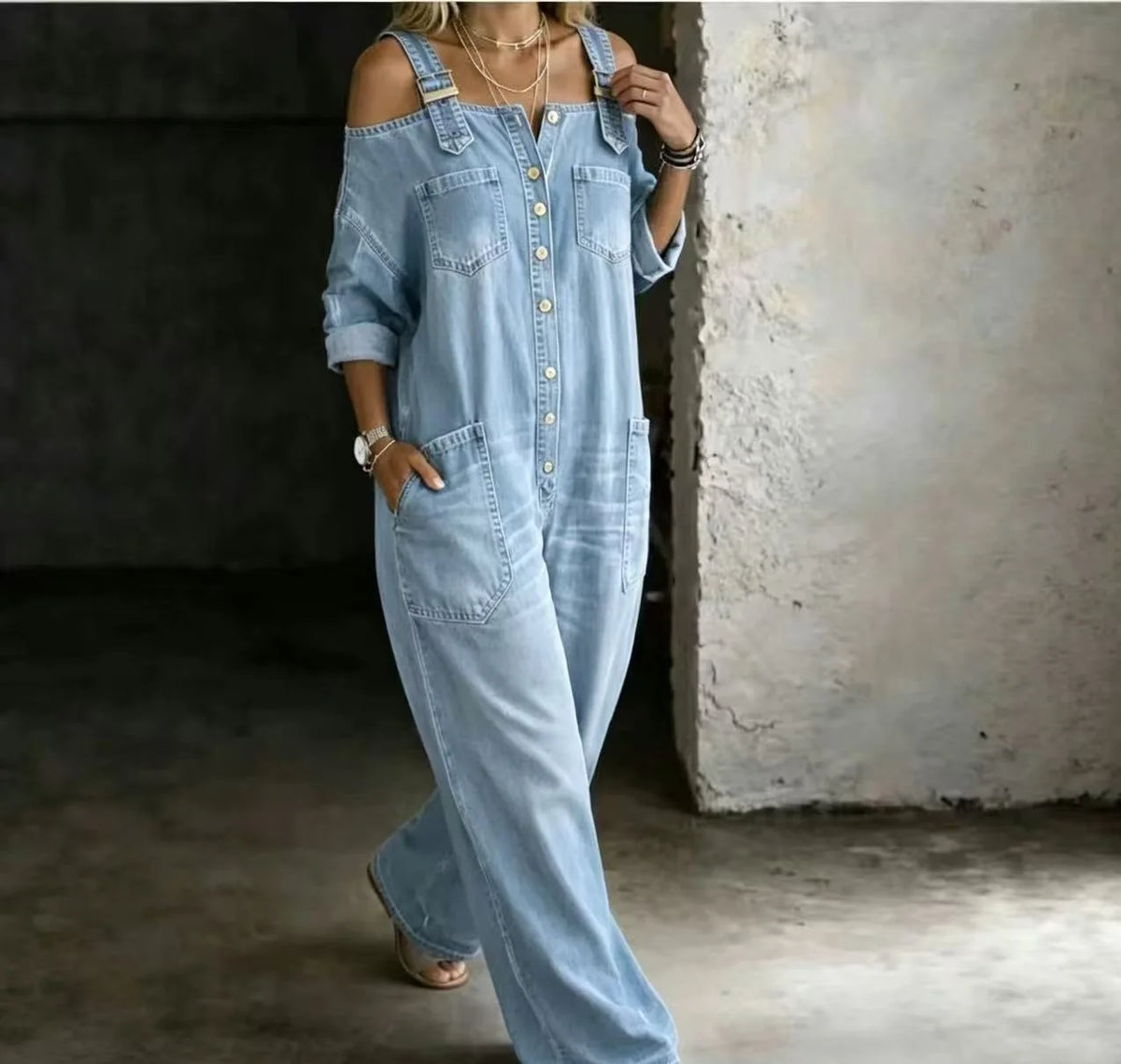 Sexy Fashion Shoulder Bared Denim Overalls with Pockets Wide Leg Street Style Loose Waist Cotton Blend Polyester Blend