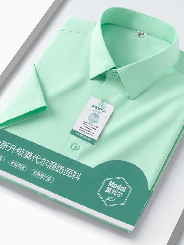 Iron-Free Ice Silk Modal Men's Business Style Slim Fit Short Sleeve Shirt Pure Color Breathable Comfortable Office Work Shirt