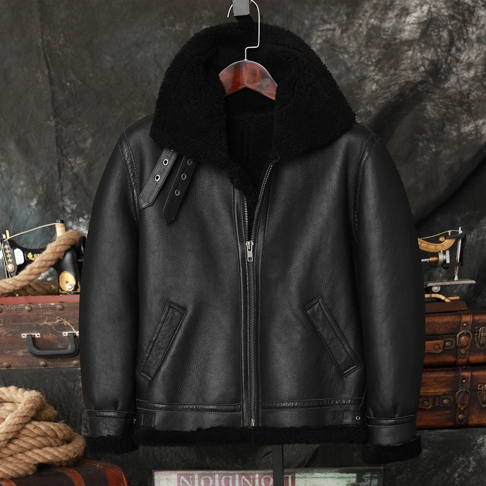 Black Winter Shearling Jacket Men Military Style Plus Size 5XL Genuine Natural Sheepskin Thick Warm Bomber Flight Coat