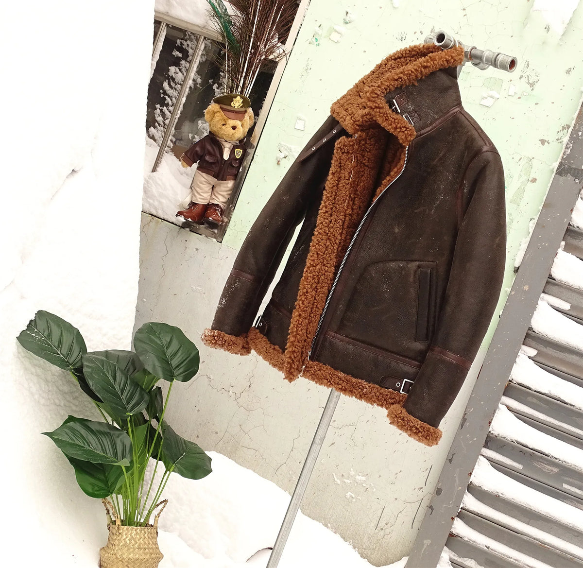 Dark Brown Winter Shearling Jacket Men Retro Vintage Style Plus Size 4XL Genuine Natural Sheepskin Bomber Military Flight Coat