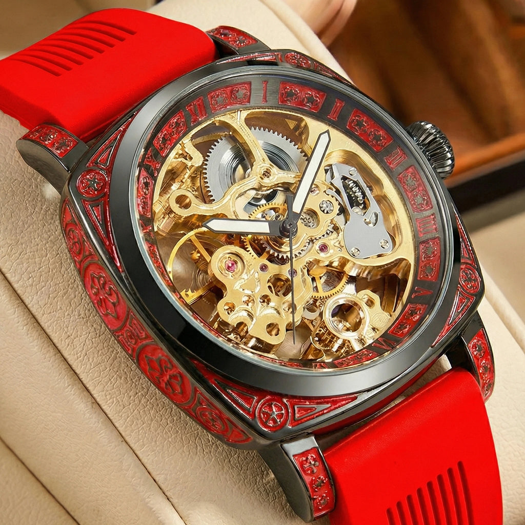 New Men's Watch with Gold Green Belt, Retro Style, Noble and Elegant Night Light Carving, Fully Automatic Mechanical Watch