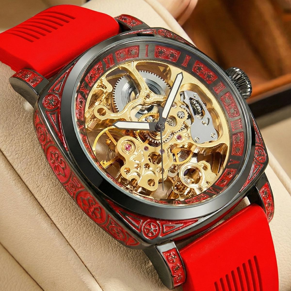 New Men's Watch with Gold Green Belt, Retro Style, Noble and Elegant Night Light Carving, Fully Automatic Mechanical Watch