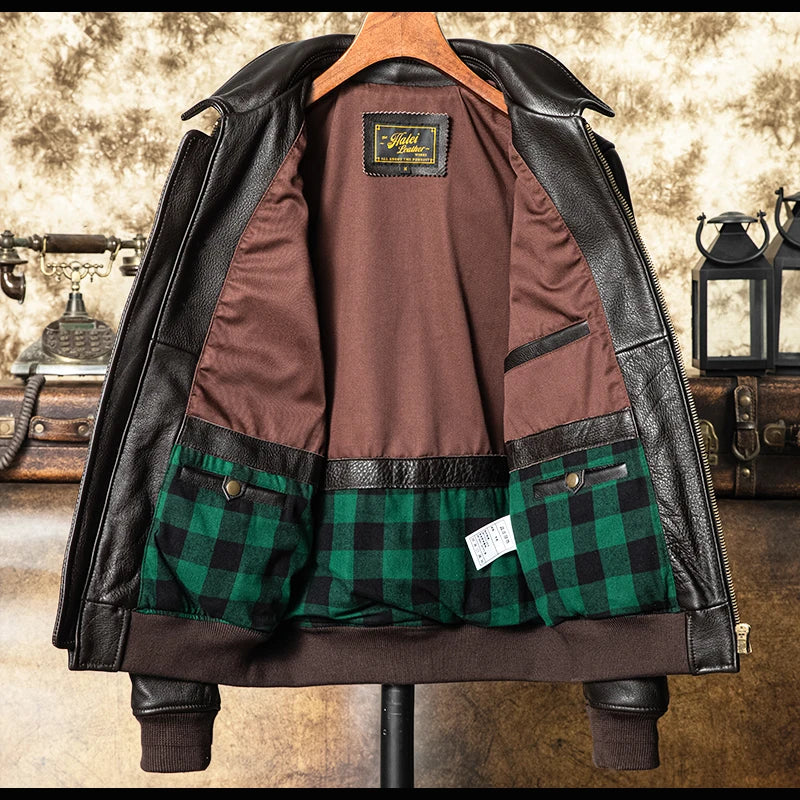 Dark Brown Autumn Leather Jacket Men Retro Style Plus Size 5XL Genuine Natural Cowhide Turn-Down Collar Military A2 Flight Coat