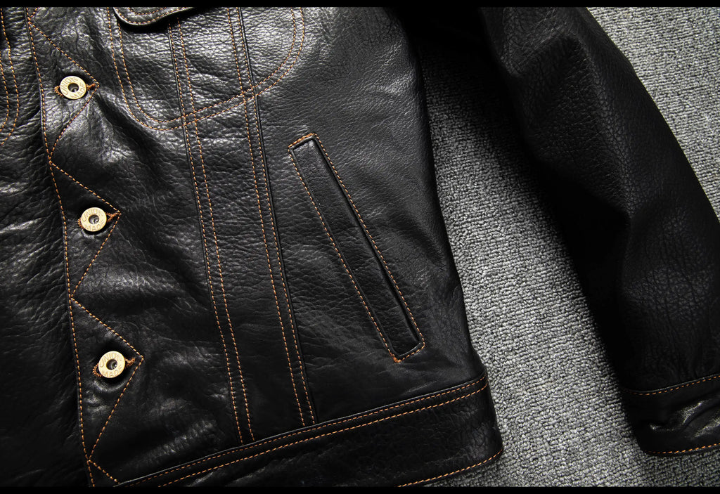 Men's Genuine Sheepskin Leather Trucker Jacket Black Type III Denim Cut Cream Contrast Stitch Brass Snap Short Casual Coat