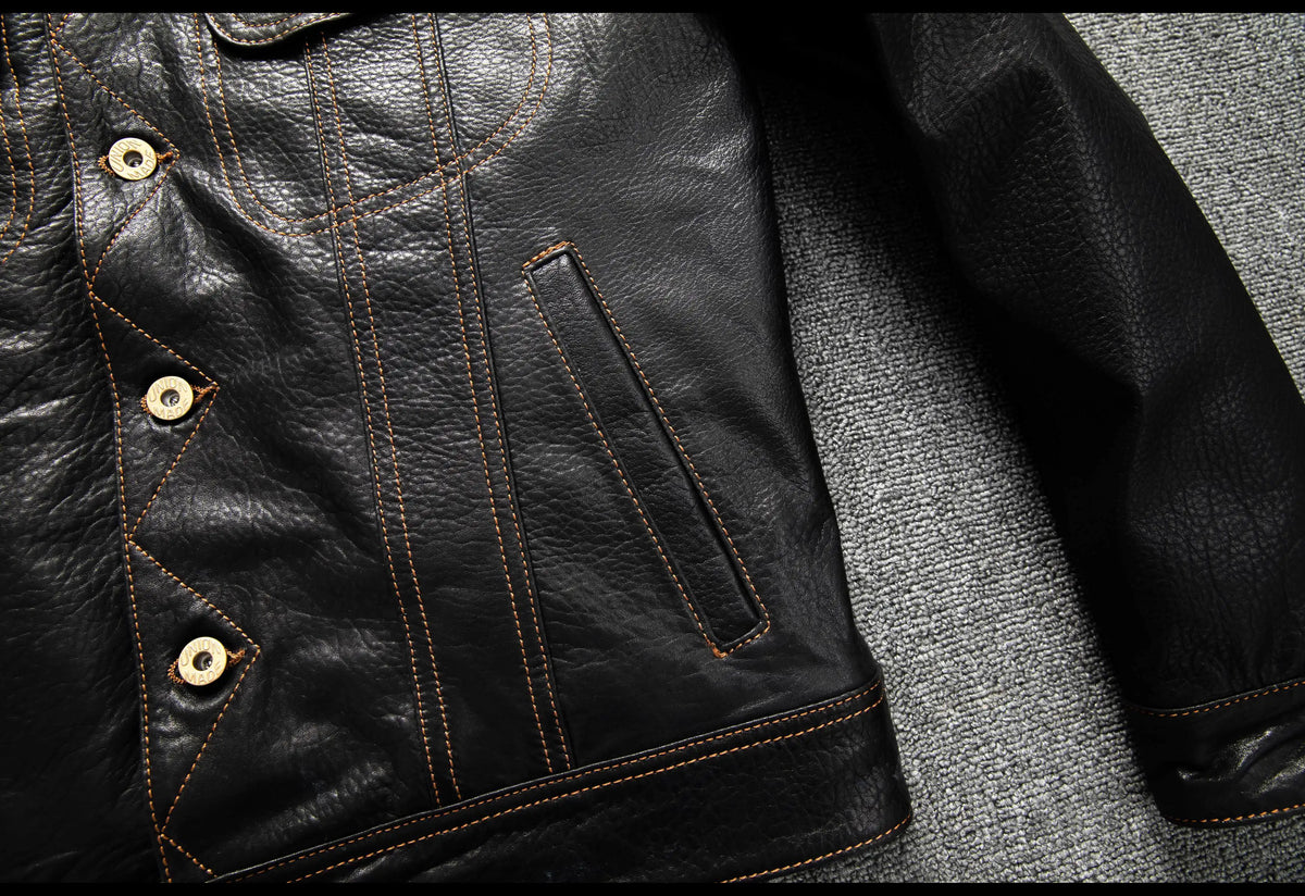 Men's Genuine Sheepskin Leather Trucker Jacket Black Type III Denim Cut Cream Contrast Stitch Brass Snap Short Casual Coat