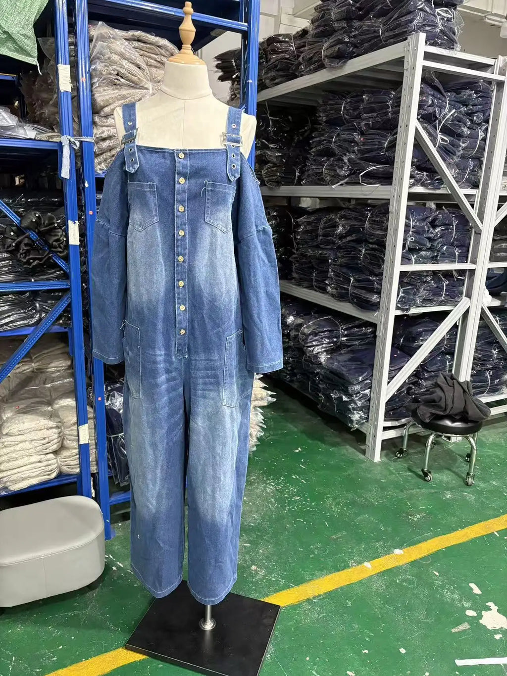 Sexy Fashion Shoulder Bared Denim Overalls with Pockets Wide Leg Street Style Loose Waist Cotton Blend Polyester Blend